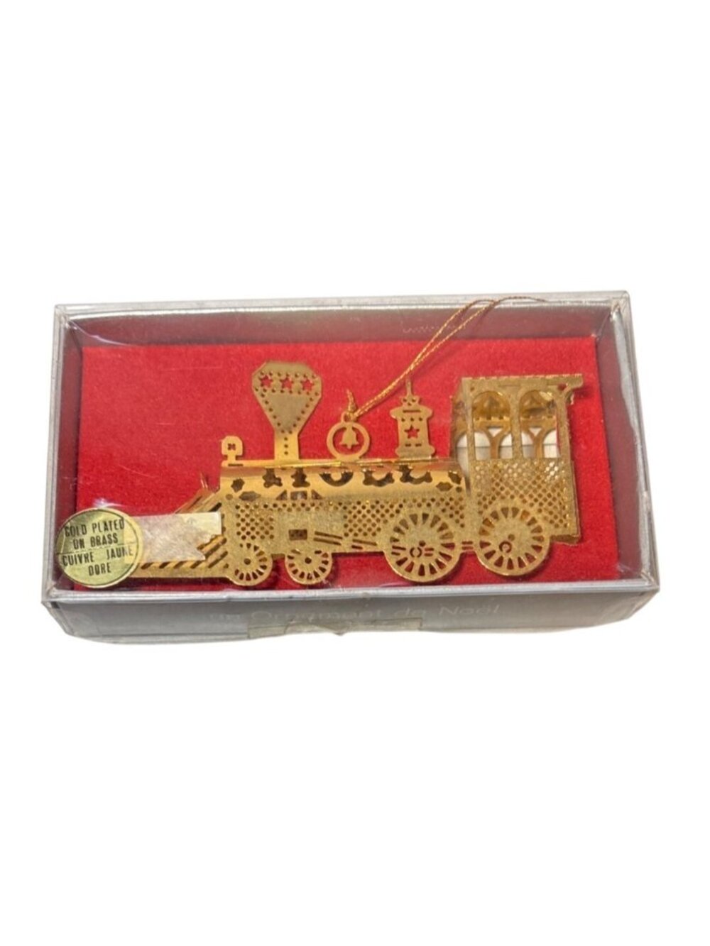 Train Christmas Ornament Gold Plated on Brass Noel Decoration Vintage 3.5" Long